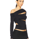 Black off-shoulder long sleeve top with asymmetric cutout draping and wrapped design — Lioness | Endless UAE