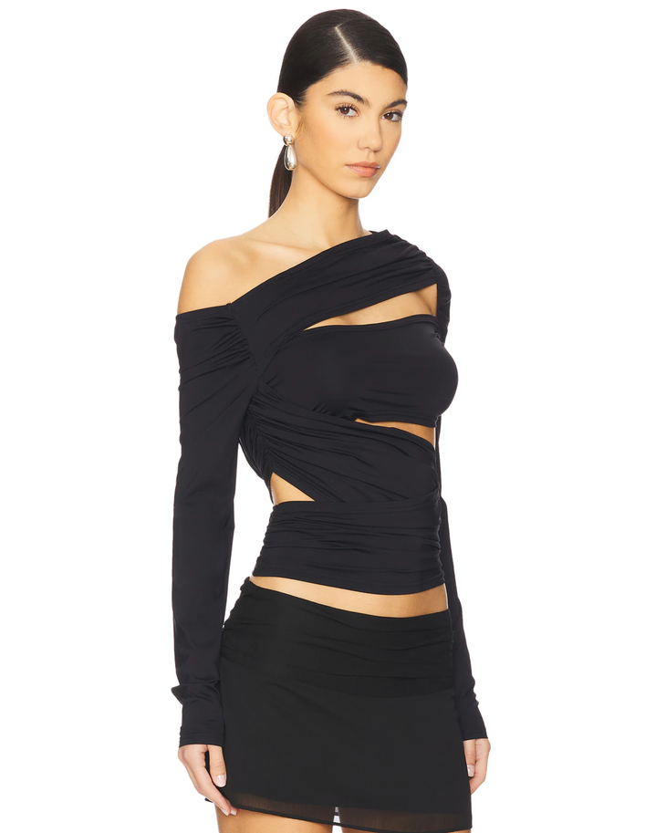 Black off-shoulder long sleeve top with asymmetric cutout draping and wrapped design — Lioness | Endless UAE