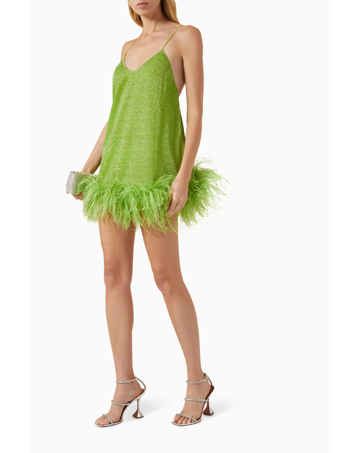 Lime green sequined mini dress with feather hem and thin straps — Oseree | Endless UAE