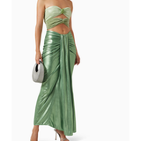 Woman wearing sage green ruched cutout maxi dress with metallic finish and strappy sandals — Baobab | Endless UAE