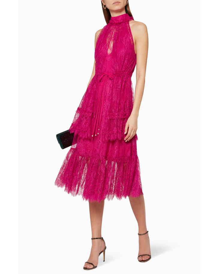 Magenta lace halter midi dress with tiered ruffle hem and bow waist detail — Alexis | Endless UAE