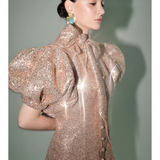 Rose gold sequin midi dress with puff sleeves and bow detail — Liya | Endless UAE