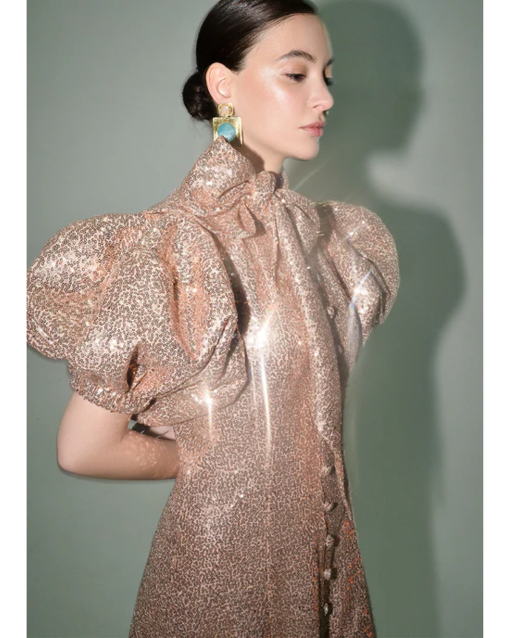 Rose gold sequin midi dress with puff sleeves and bow detail — Liya | Endless UAE