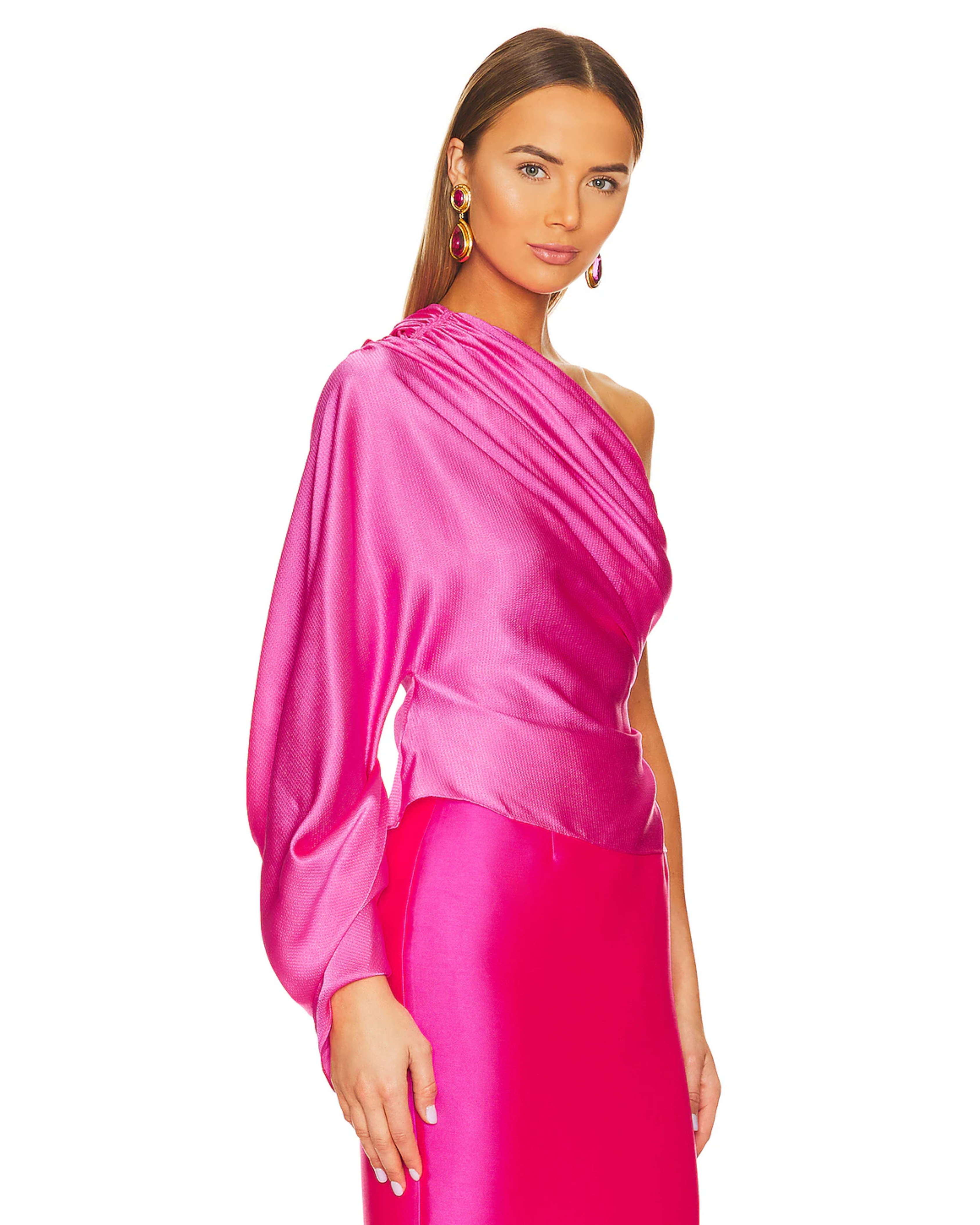 Hot pink one-shoulder draped top with textured fabric detail — Solace London | Endless UAE