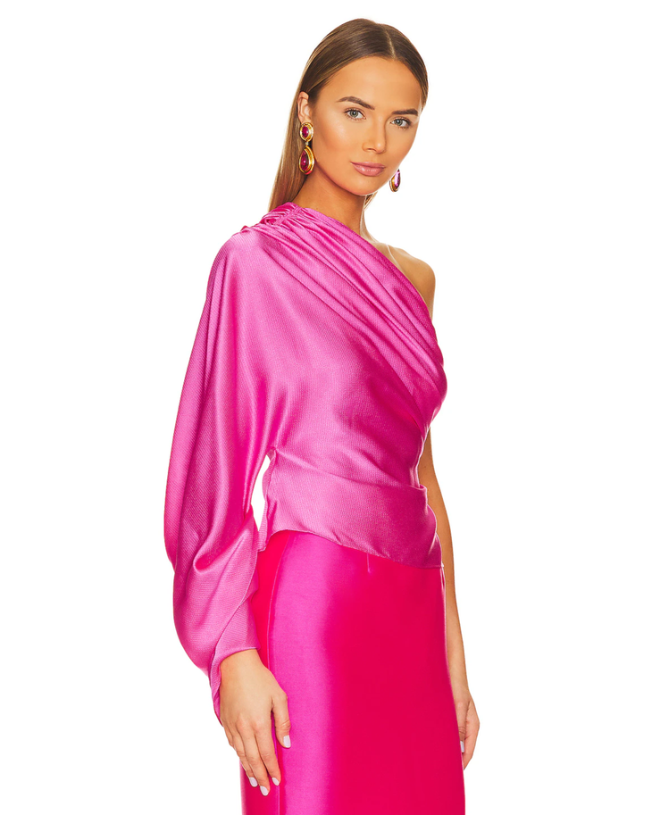 Hot pink one-shoulder draped top with textured fabric detail — Solace London | Endless UAE