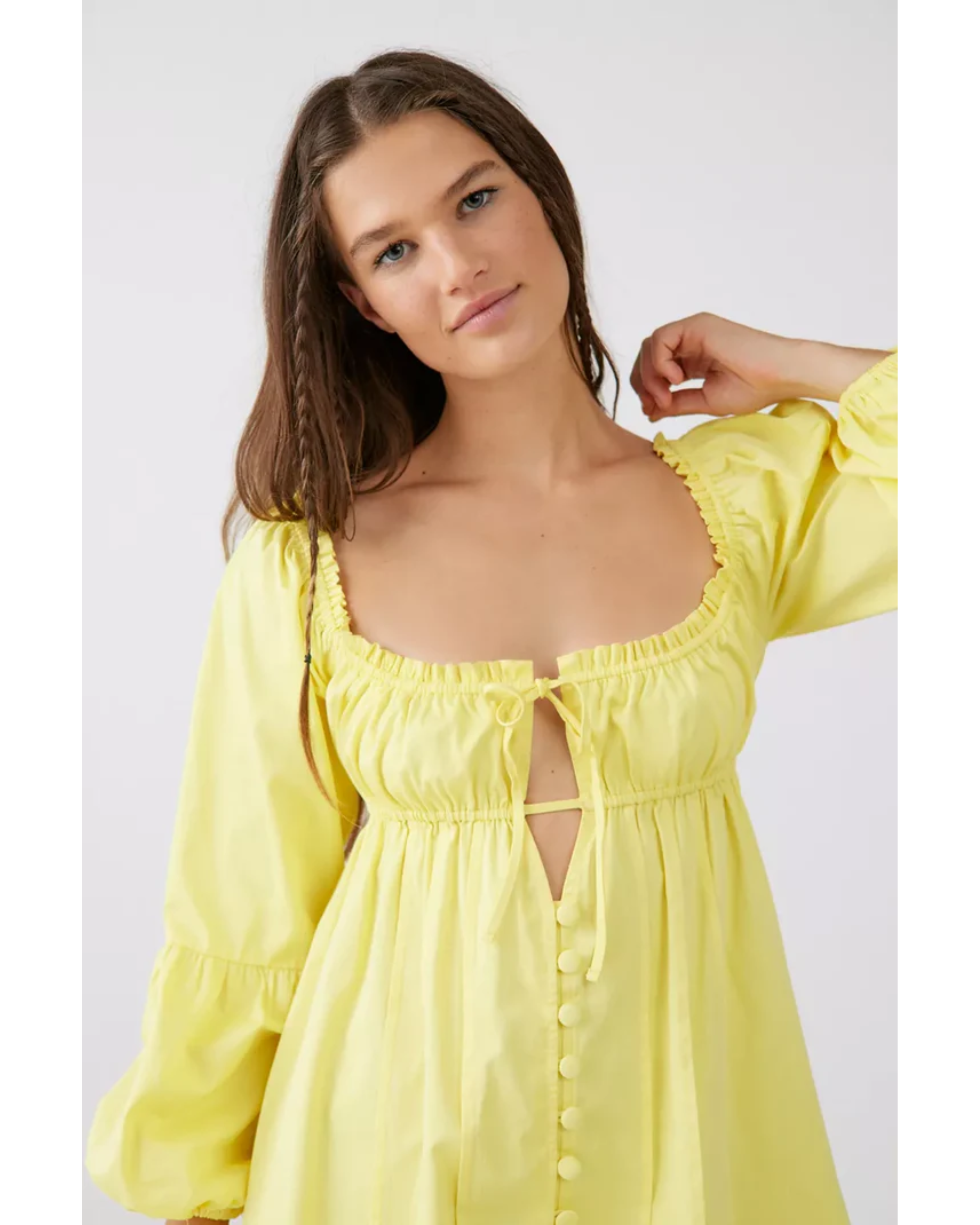 Yellow puffy sleeve mini dress with ruched neckline — For Love & Lemons | Endless UAE