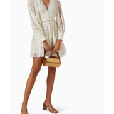 Cream lace long sleeve wrap dress with tiered skirt — Hemant & Nandita | Endless UAE