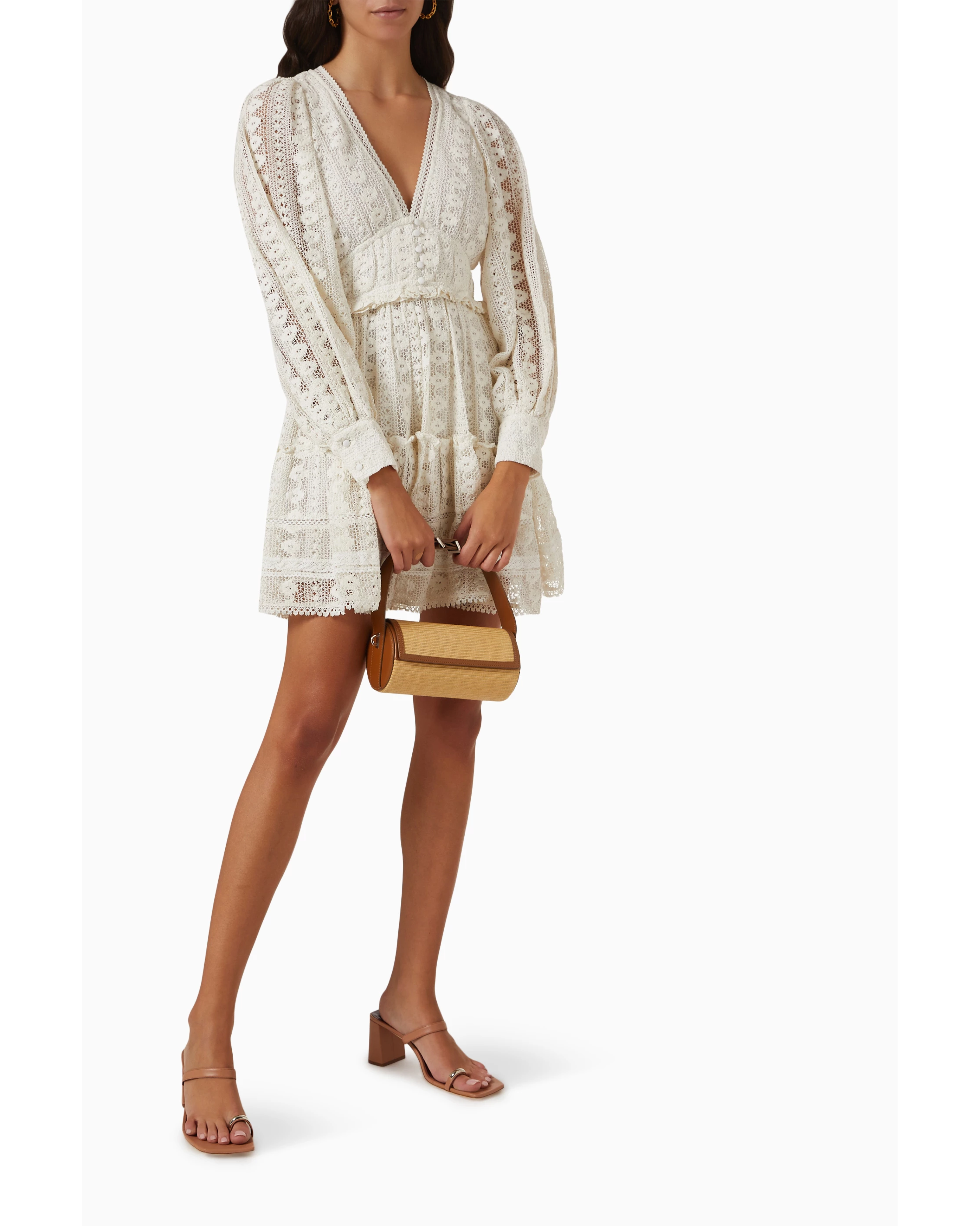 Cream lace long sleeve wrap dress with tiered skirt — Hemant & Nandita | Endless UAE