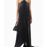 Deesse Halterneck Gown in midnight blue pleated fabric with dramatic train — L'IDÉE | Endless UAE