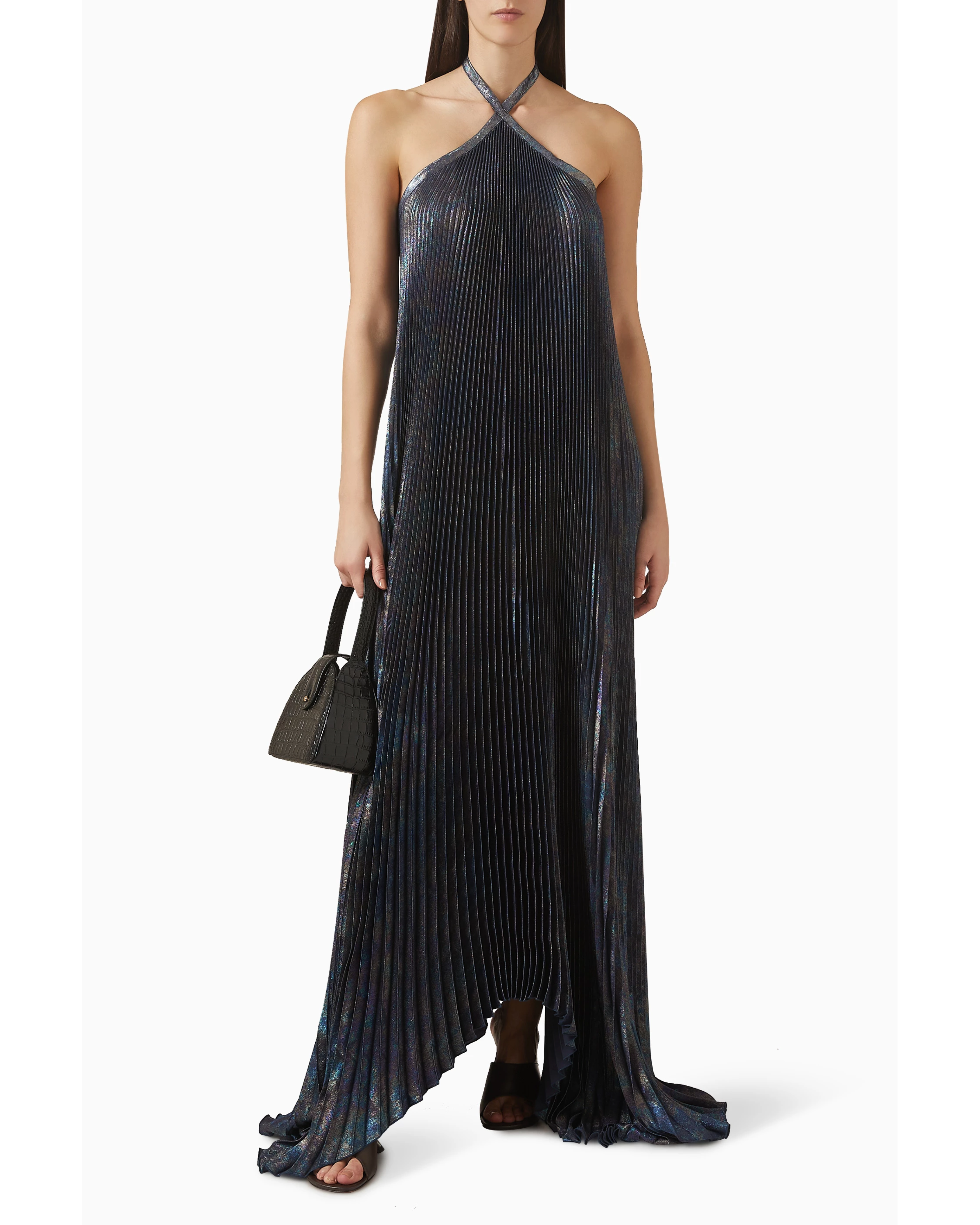 Deesse Halterneck Gown in midnight blue pleated fabric with dramatic train — L'IDÉE | Endless UAE