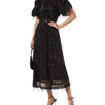 Black sequin fringe midi dress with puffed sleeves — Rotate Birger Christensen | Endless UAE