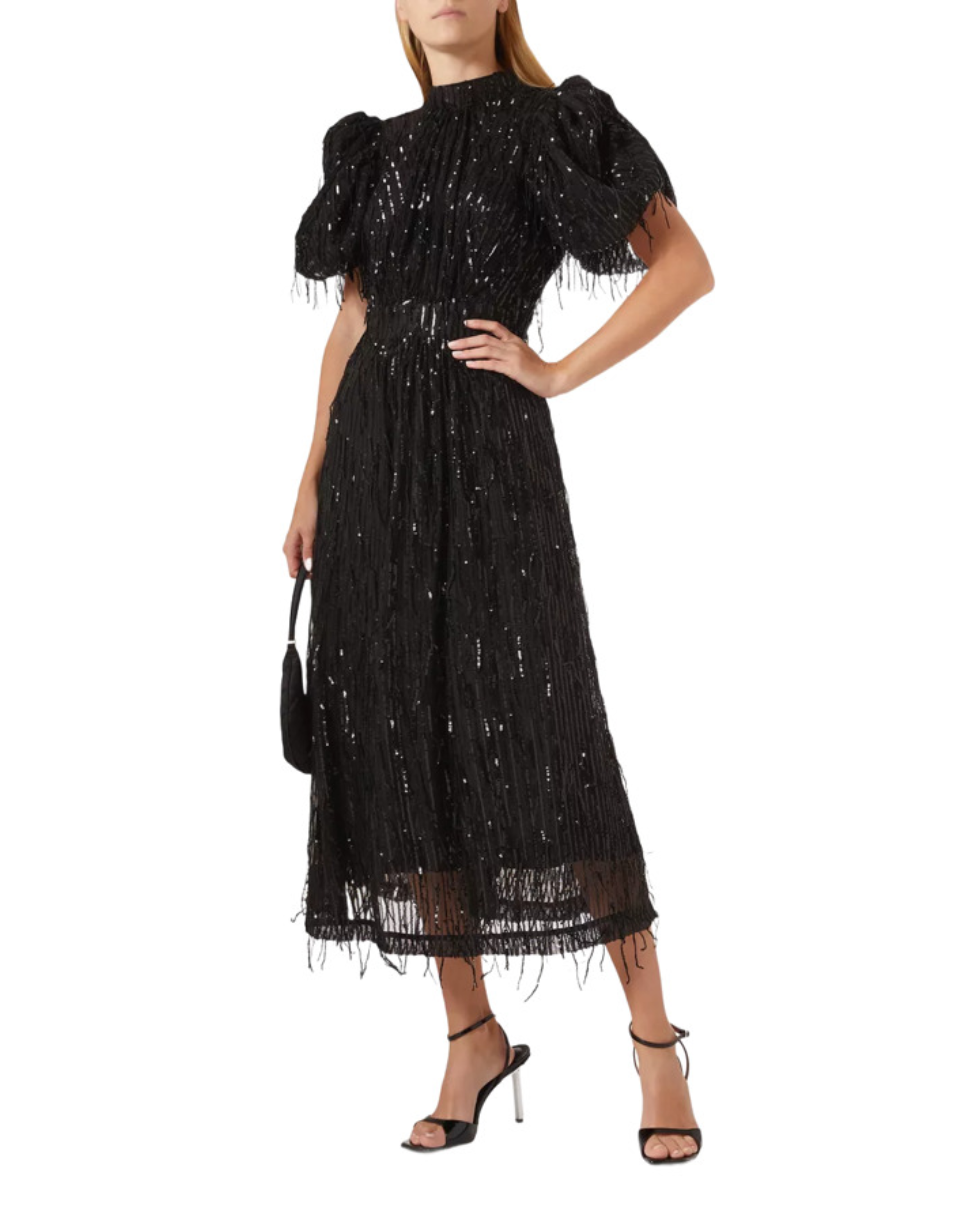 Black sequin fringe midi dress with puffed sleeves — Rotate Birger Christensen | Endless UAE