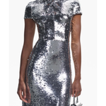 Silver sequin midi dress with twist neck and short sleeves — Self-Portrait | Endless UAE