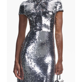 Silver sequin midi dress with twist neck and short sleeves — Self-Portrait | Endless UAE