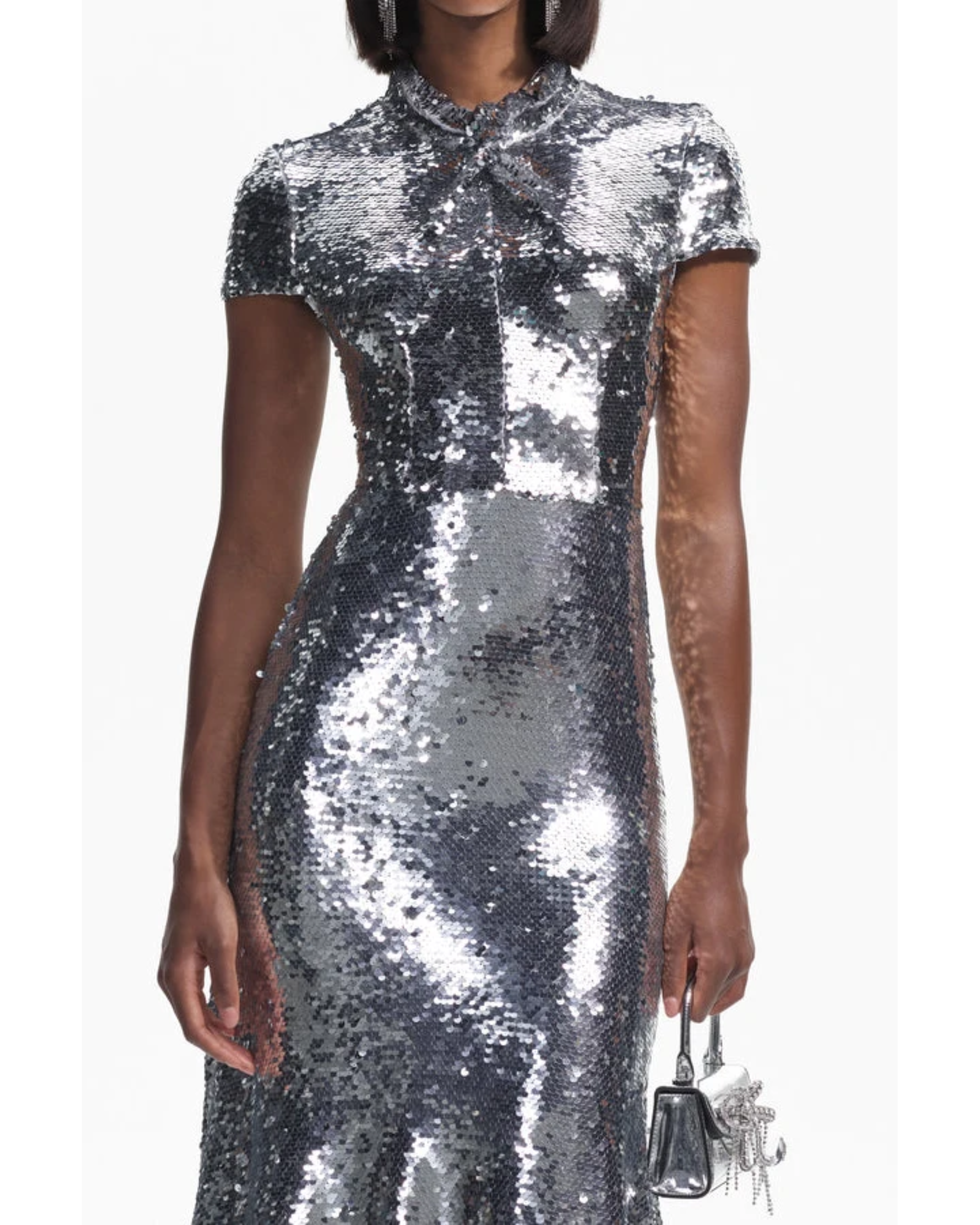 Silver sequin midi dress with twist neck and short sleeves — Self-Portrait | Endless UAE