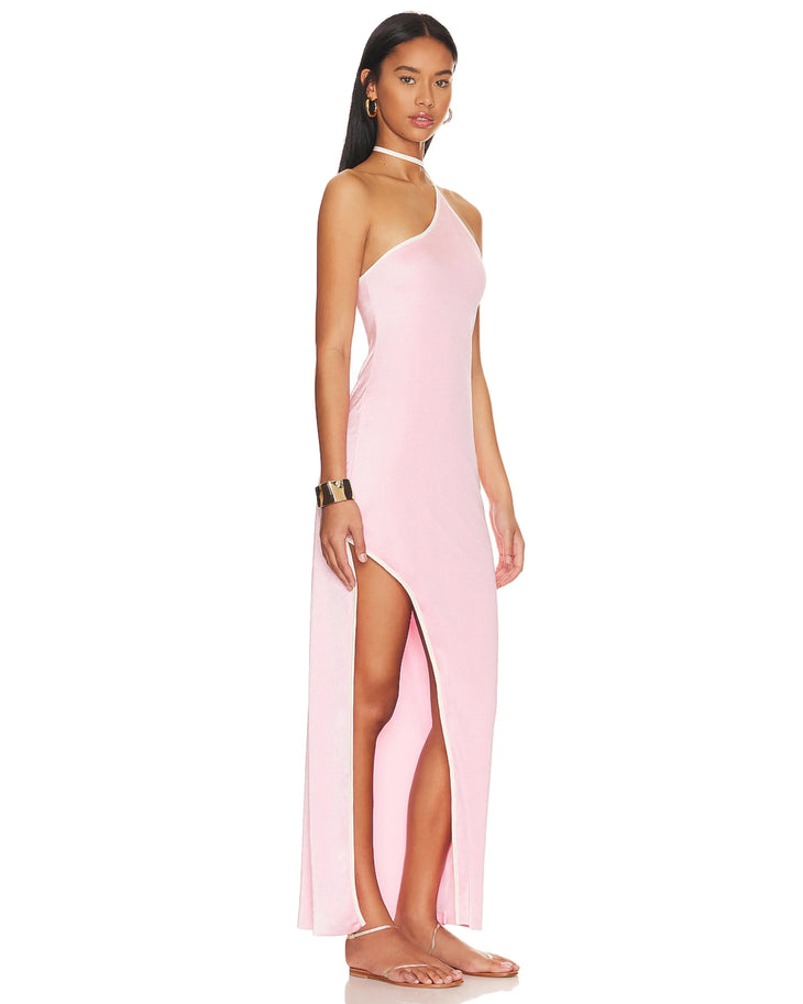 Woman wearing a pink halter neck maxi dress with a high slit — Baobab | Endless UAE