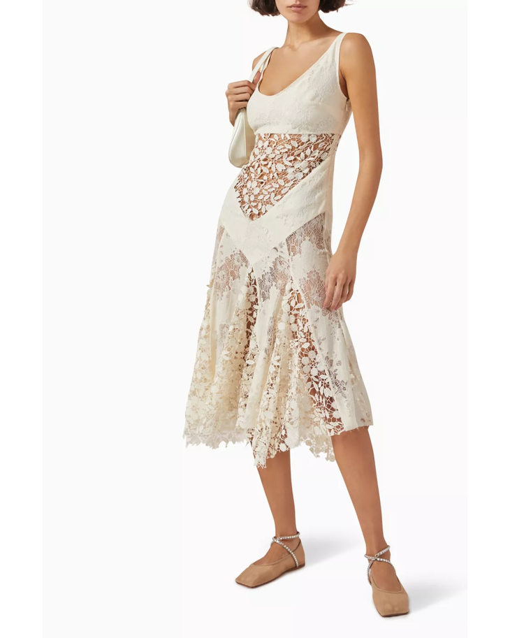 Cream lace panelled midi dress with asymmetrical handkerchief hem — Siedress | Endless UAE