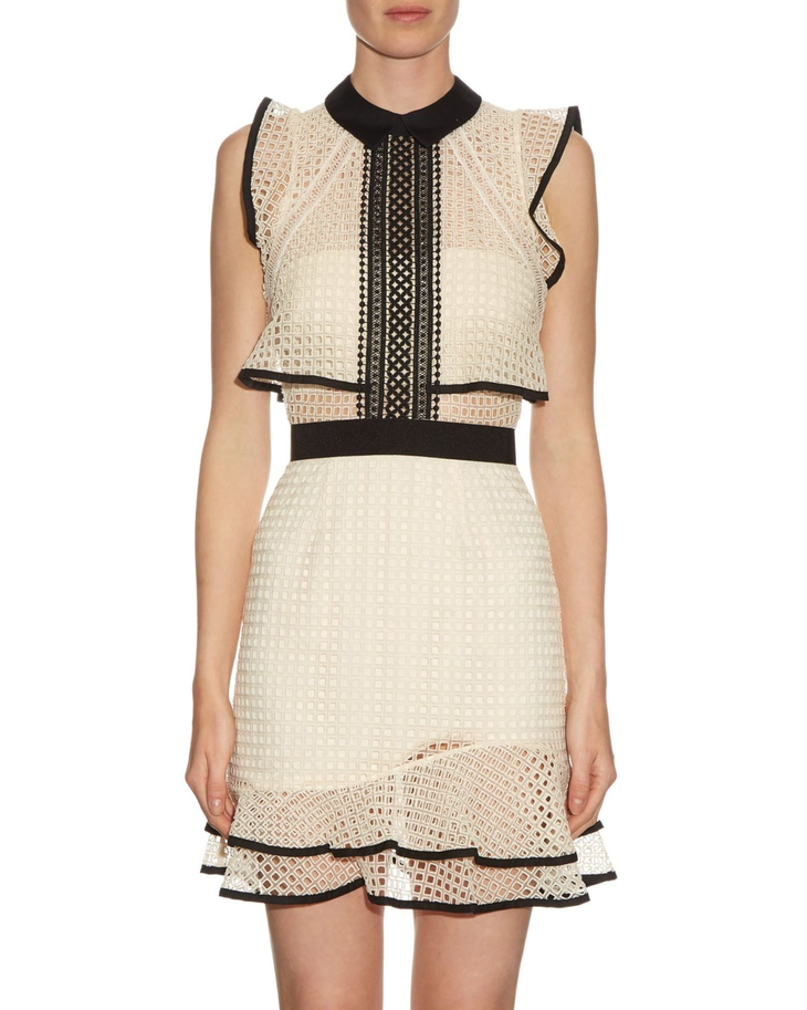 Cream textured sleeveless dress with black contrast trim and flounced hem — Self-Portrait | Endless UAE