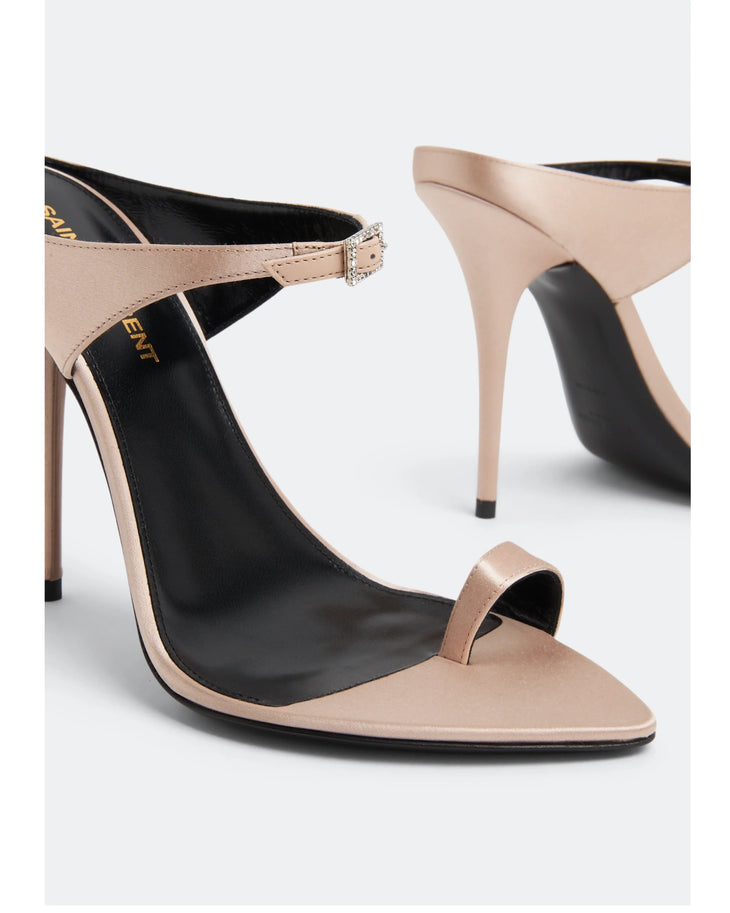 Beige satin mules with crystal-embellished ankle strap and black leather lining — Yves Saint Laurent | Endless UAE