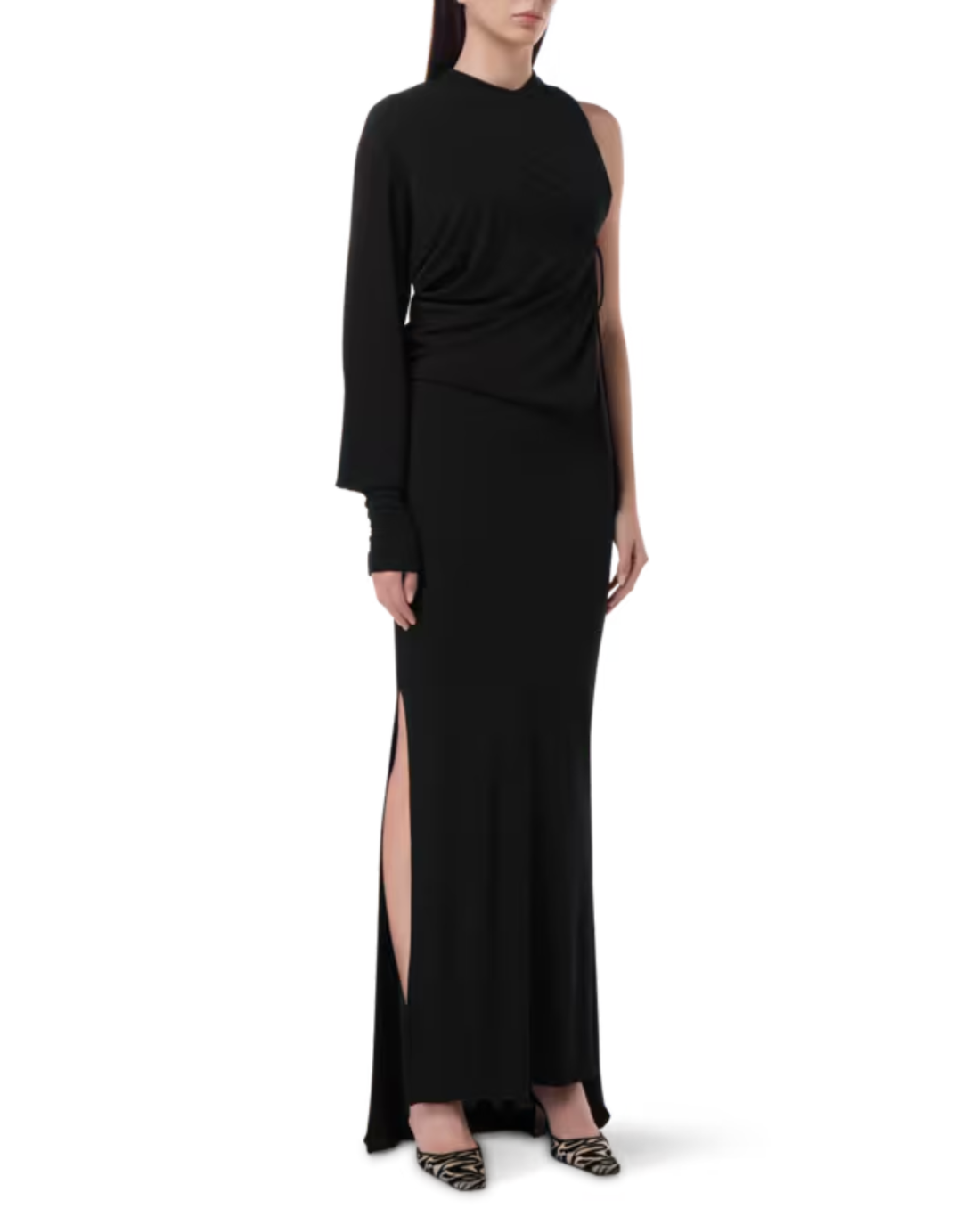 Black asymmetric gown with one sleeve, high neck, and thigh-high slit detail — Christopher Esber | Endless UAE
