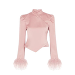 Limousine pink satin top with puffed shoulders and feather cuffs — De La Vali | Endless UAE