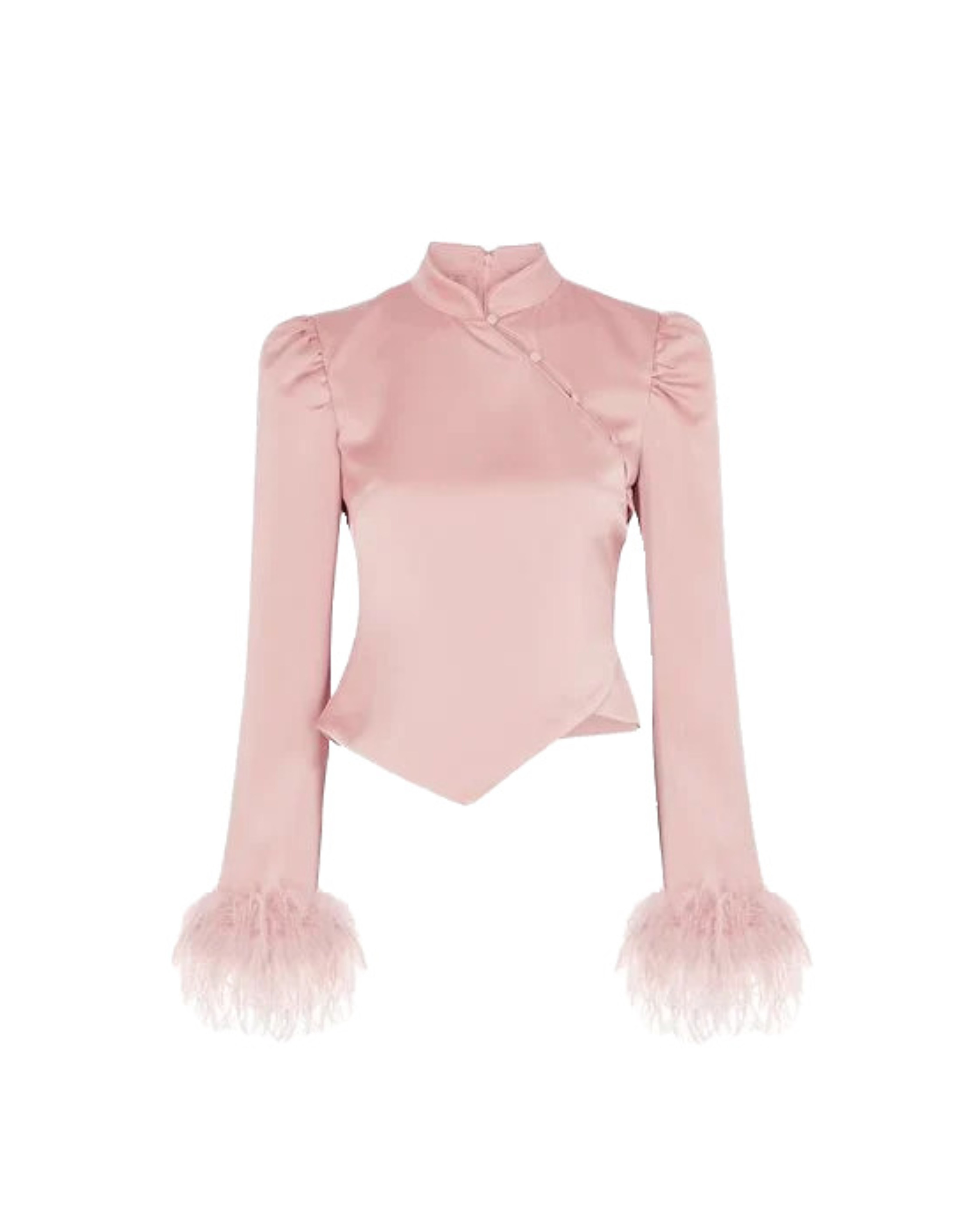 Limousine pink satin top with puffed shoulders and feather cuffs — De La Vali | Endless UAE