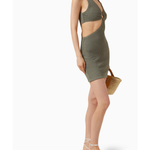 Olive green ribbed knit mini dress with cut-out waist detail and V-neckline — Misha | Endless UAE