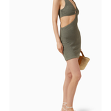 Olive green ribbed knit mini dress with cut-out waist detail and V-neckline — Misha | Endless UAE