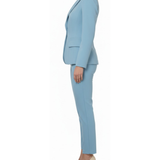 Light blue tailored pantsuit with single-button blazer and slim trousers, side profile view — Elisabetta Franchi | Endless UAE