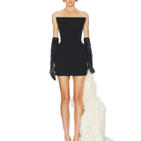 Black strapless mini dress with textured gloves and white feathered train — Helsa | Endless UAE