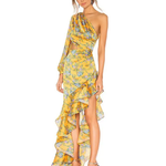 Yellow floral one-shoulder gown with ruffled asymmetrical hem — Bronx & Banco | Endless UAE