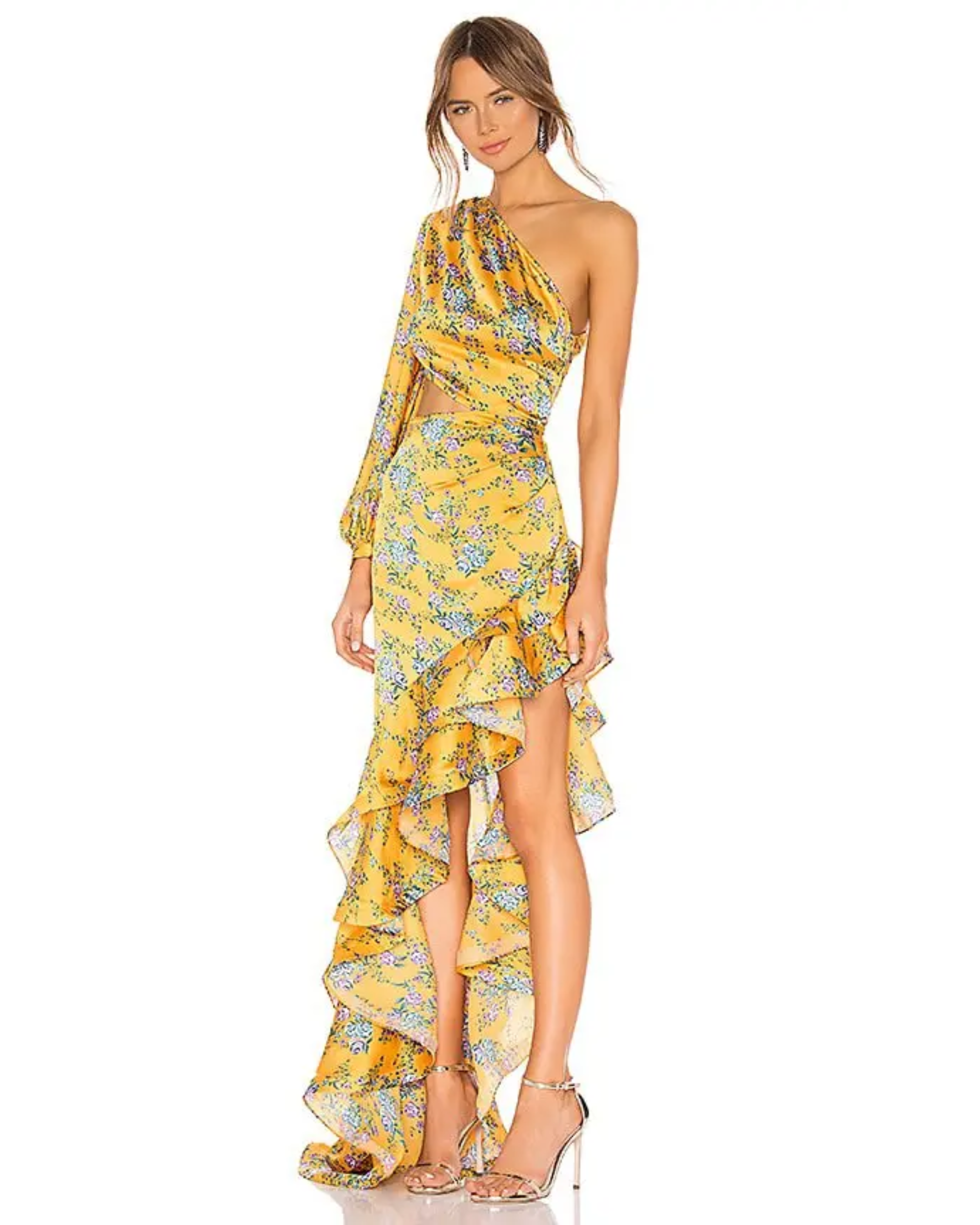 Yellow floral one-shoulder gown with ruffled asymmetrical hem — Bronx & Banco | Endless UAE