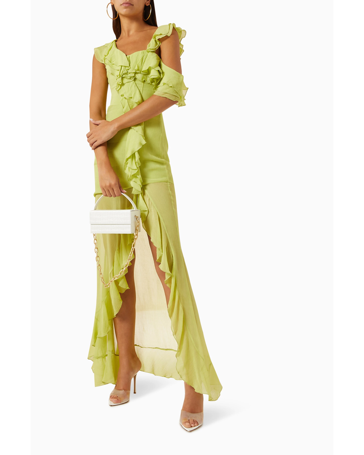 Lime green ruffled maxi dress with asymmetric neckline and side slit detail — De La Vali | Endless UAE