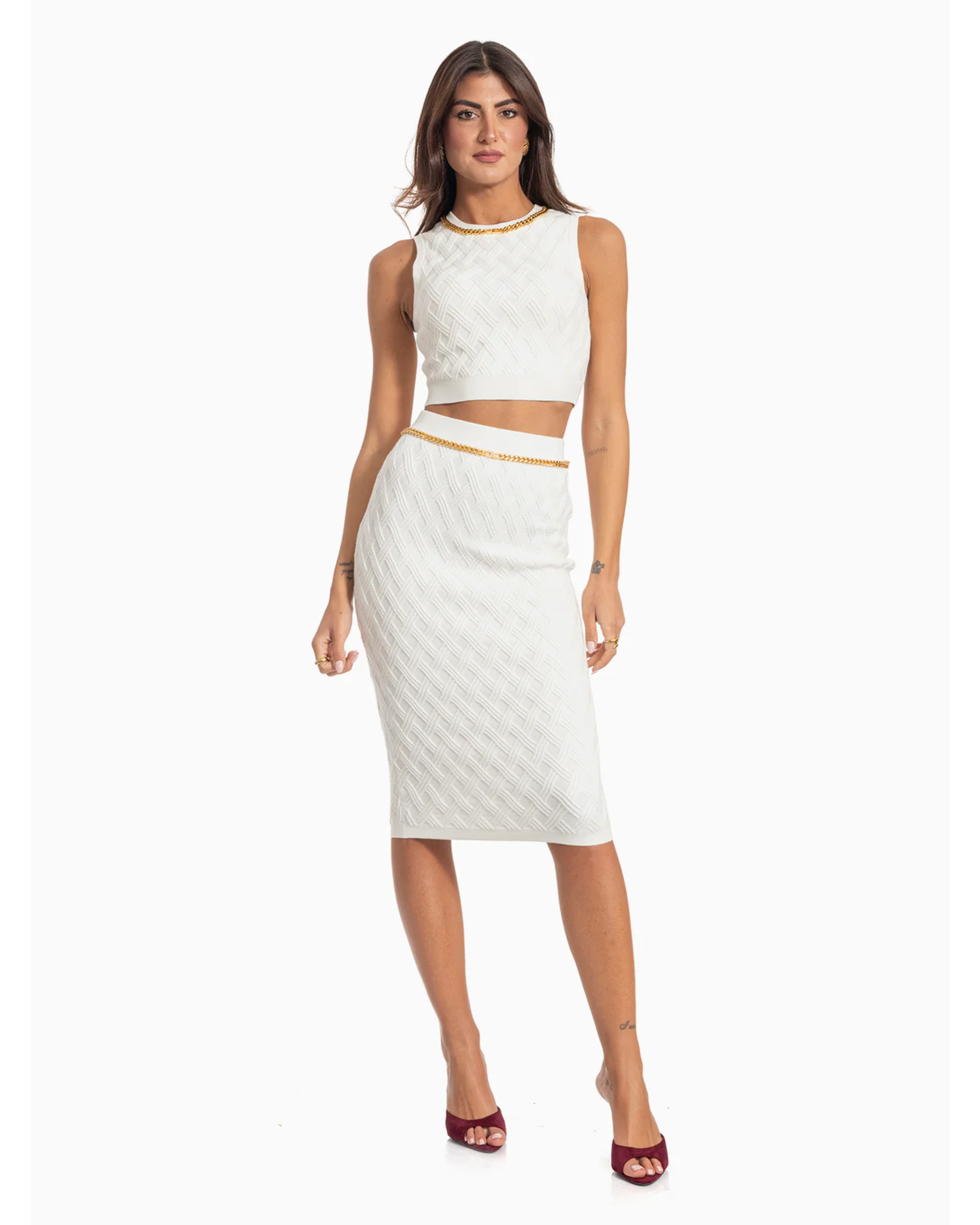 White knit crop top with diamond pattern and gold chain neckline — Elisabetta Franchi | Endless UAE
