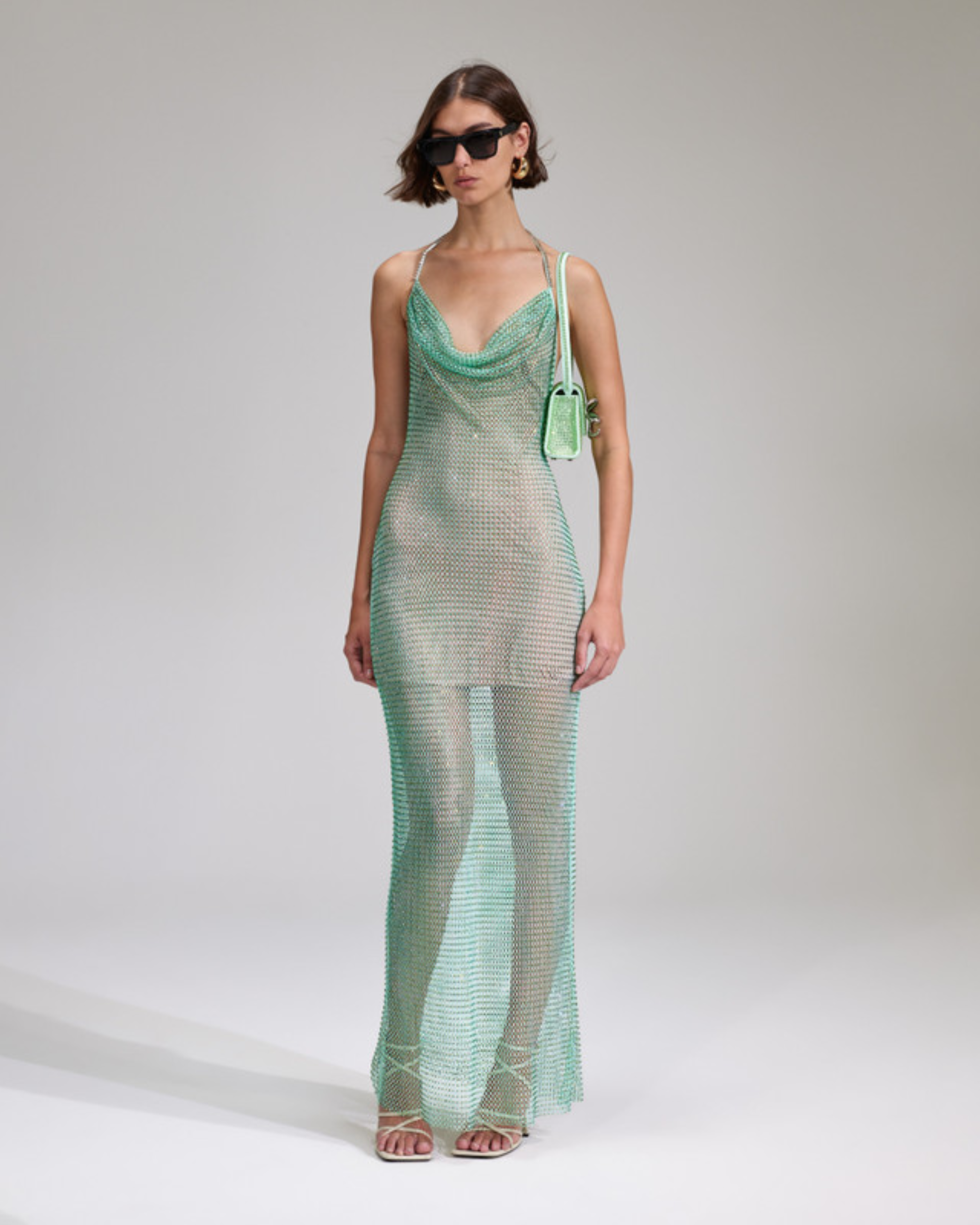 Mint rhinestone fishnet cowl neck maxi dress with spaghetti straps — Self-Portrait | Endless UAE
