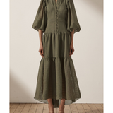 Olive green tiered midi dress with high neck, button front detail, and voluminous three-quarter sleeves — Shona Joy | Endless UAE