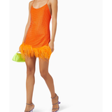 Orange sequin mini dress with feather hem and spaghetti straps — Leslie Amon | Endless UAE