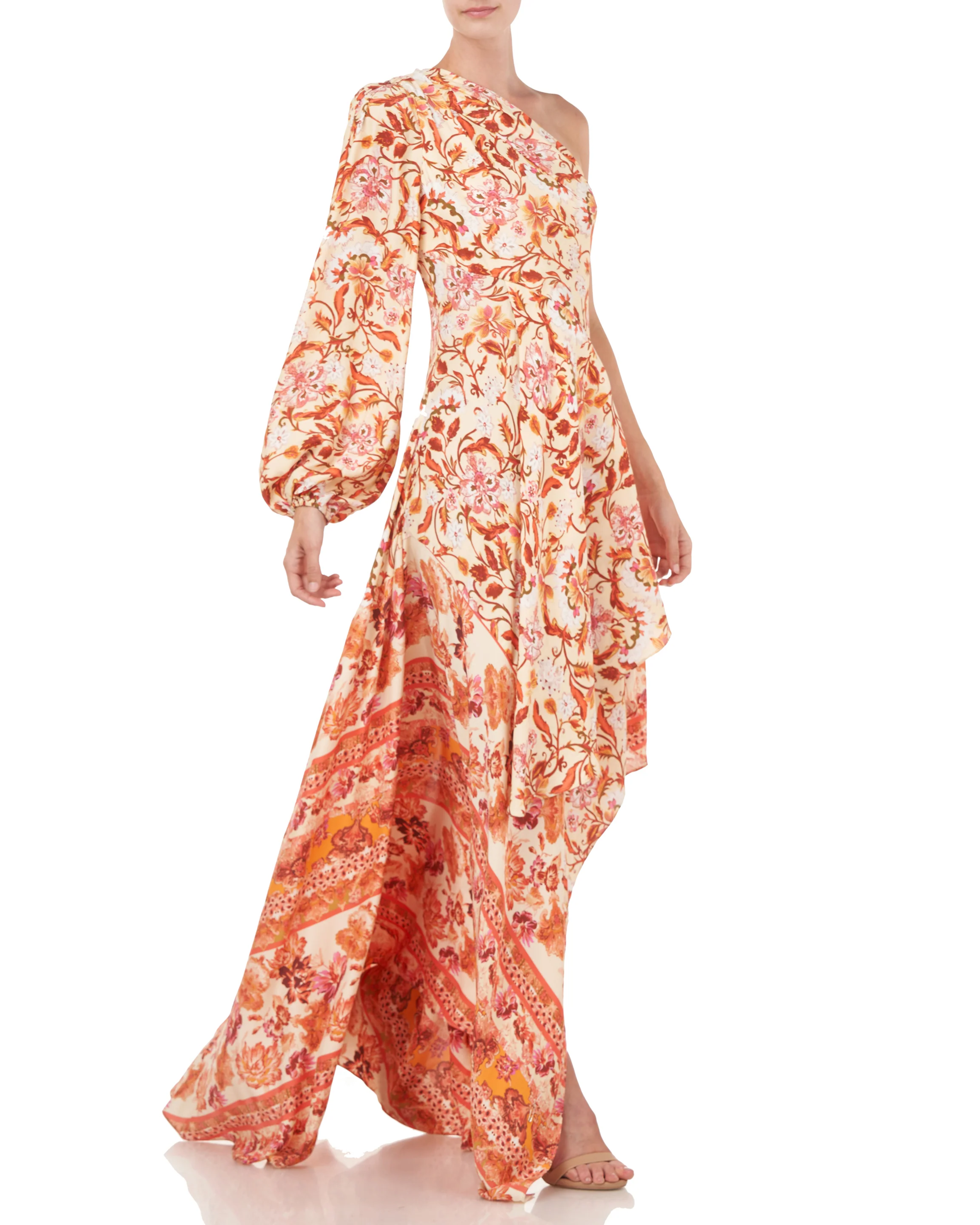 Piper Dress in coral floral print with one-shoulder neckline and flowing maxi silhouette — Amur | Endless UAE