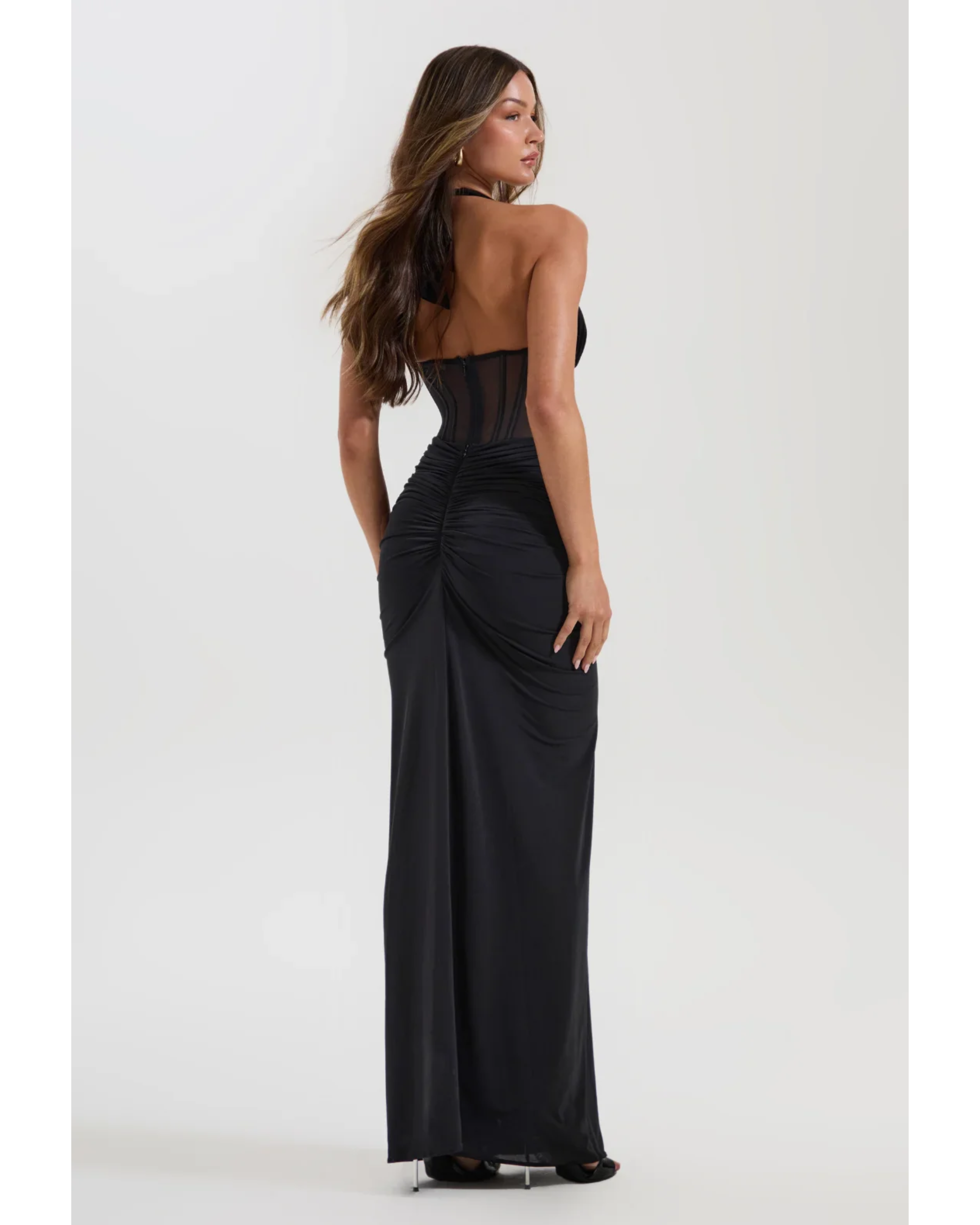 Black halter maxi dress with sheer bodice and ruched detail — Sydney Lane | Endless UAE