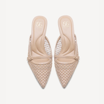 Beige pointed-toe mesh mules with leather trim and buckle detail, view from above — Cozy Island | Endless UAE