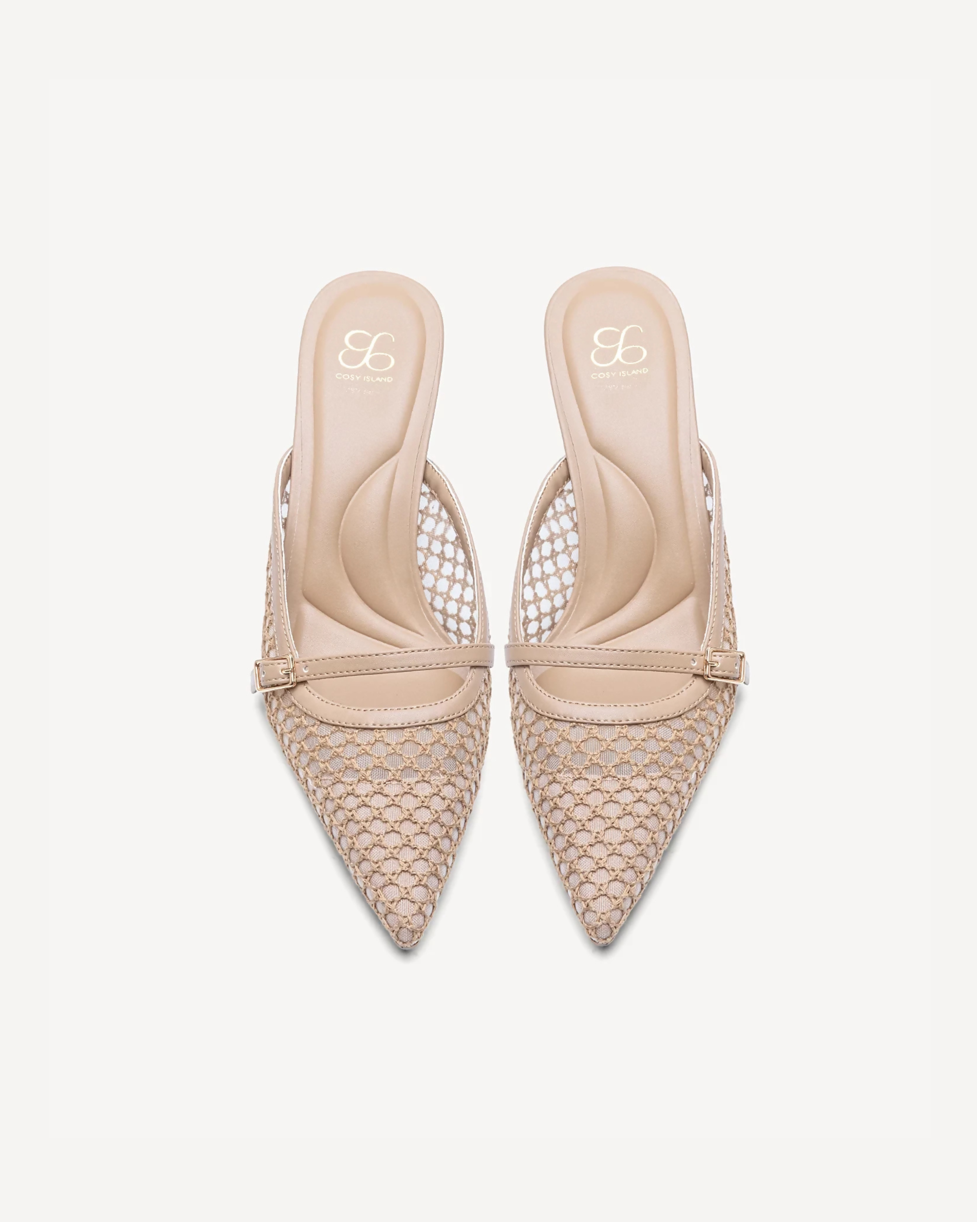 Beige pointed-toe mesh mules with leather trim and buckle detail, view from above — Cozy Island | Endless UAE