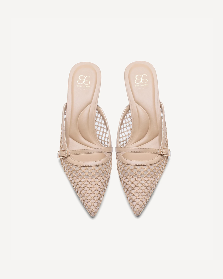 Beige pointed-toe mesh mules with leather trim and buckle detail, view from above — Cozy Island | Endless UAE