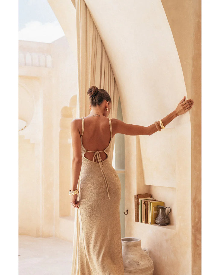 Amara Dress in beige knit with V-neckline and side slit — Miharo | Endless UAE
