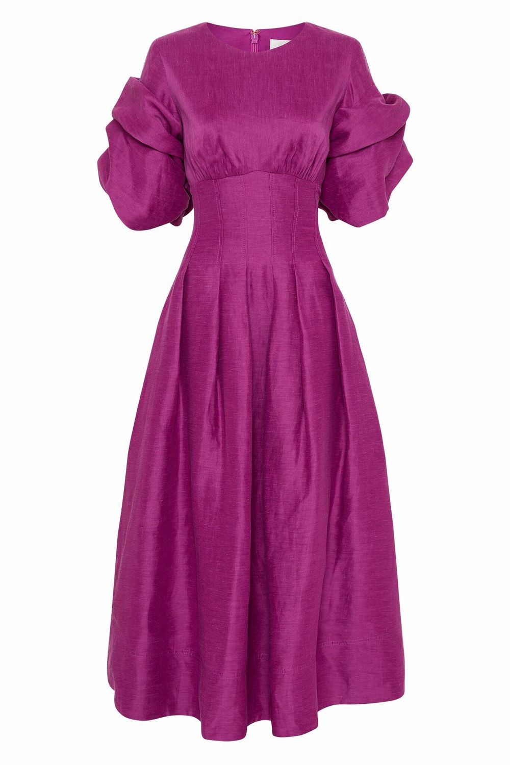 Woman wearing Adelie Puff Sleeve Midi Dress in plum with black strappy sandals — Aje | Endless UAE