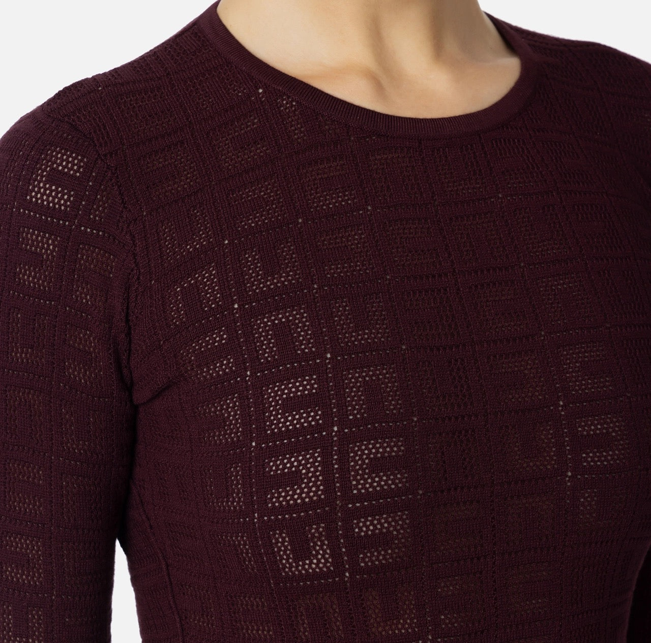 Burgundy viscose midi dress with textured knit pattern detail on bodice and sleeves — Elisabetta Franchi | Endless UAE