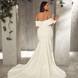 Off-shoulder white mermaid wedding gown with elegant draping — MIKAELLA | Endless UAE