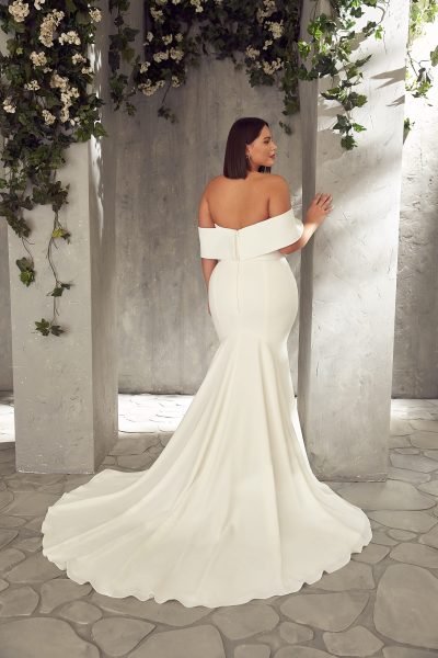 Off-shoulder white mermaid wedding gown with elegant draping — MIKAELLA | Endless UAE