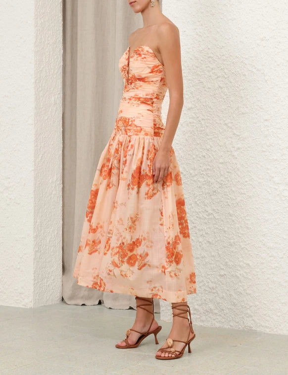 Zimmermann Cascadian strapless midi dress in peach floral print with ruched bodice and gathered skirt — Zimmermann | Endless UAE