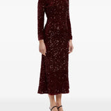 Sequin Decorated Velvet Long Sleeve Midi Dress