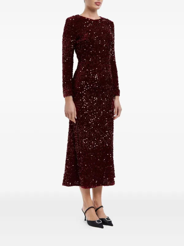 Burgundy sequin embellished velvet long sleeve midi dress on model with black heels — Post Meridiem | Endless UAE